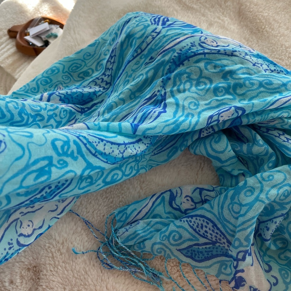 Lilly Pulitzer Blue Teal Swirl Silk-Cashmere Scarf - Picture 13 of 15